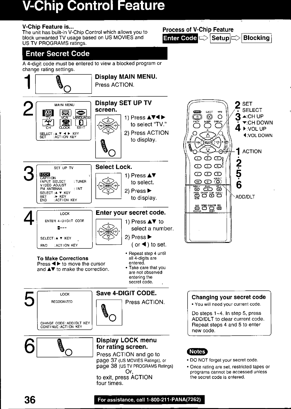 V-chip feature is, Enter secret code, Process of v-chip feature | Enter code, O setup o blocking, Display set up tv, Screen, Select lock, Save 4-digit code, Press action | Panasonic PV C2020 User Manual | Page 36 / 52