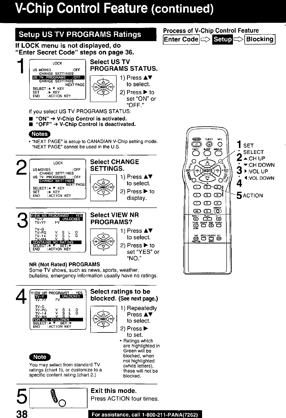 H i 1 select us tv, Programs status, Select change settings | Exit this mode, Select view nr programs, V-chip control feature, Continued), H i 1 select | Panasonic PV C2020 User Manual | Page 38 / 52