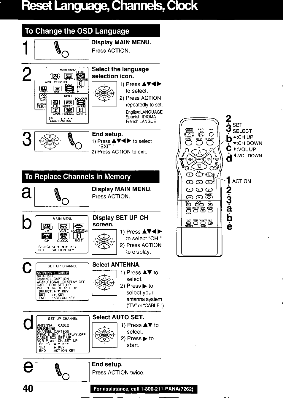 Select the language selection icon, End setup, To replace channels in memory | Display main menu, Display set up ch screen, Select antenna, Select auto set, Reset language, channels, clock | Panasonic PV C2020 User Manual | Page 40 / 52