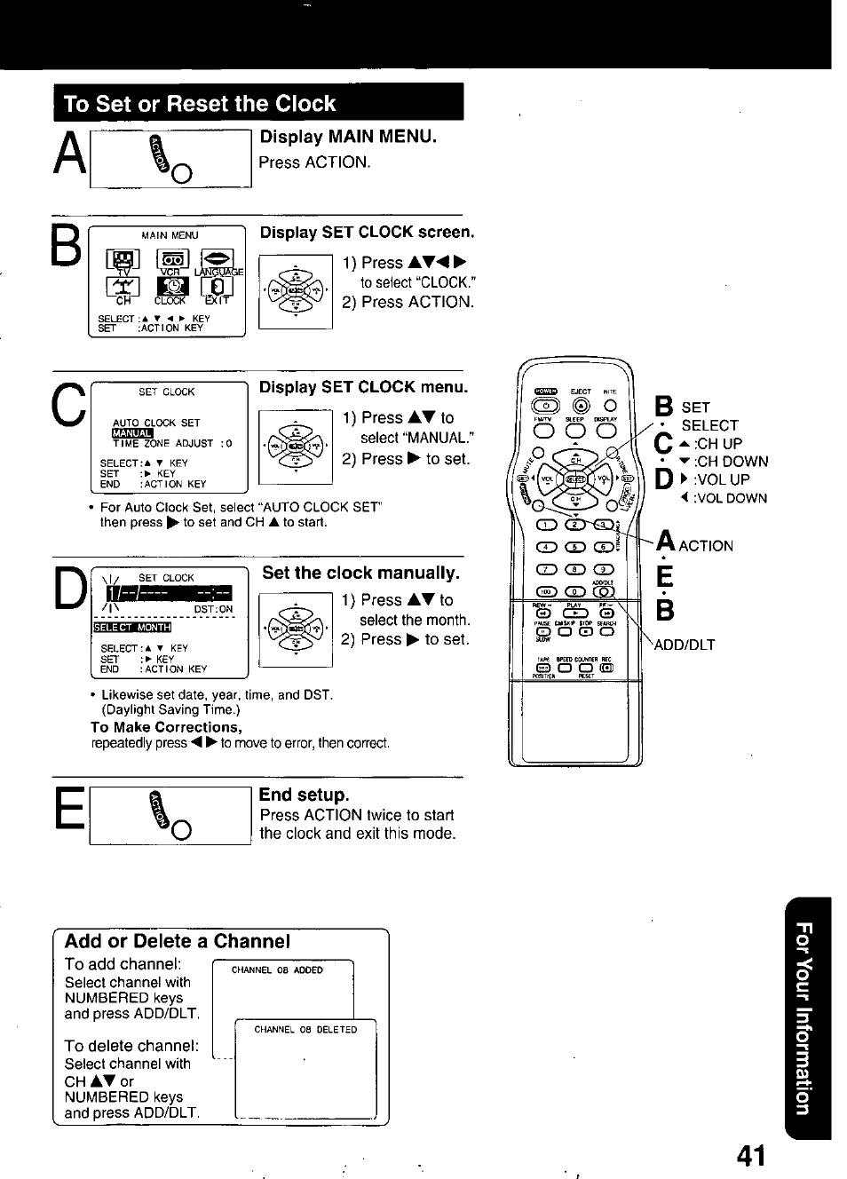 To set or reset the clock, Display main menu, Display set clock menu | Set the clock manually, End setup | Panasonic PV C2020 User Manual | Page 41 / 52
