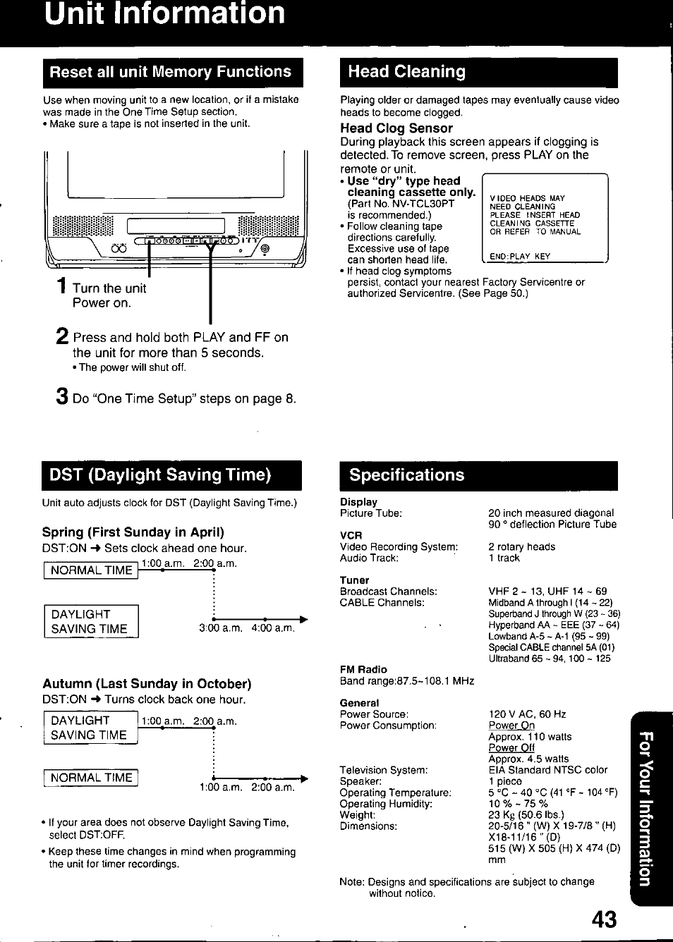 Dst (daylight saving time), Spring (first sunday in april), Autumn (last sunday in october) | Unit information, Head cleaning, Specifications | Panasonic PV C2020 User Manual | Page 43 / 52