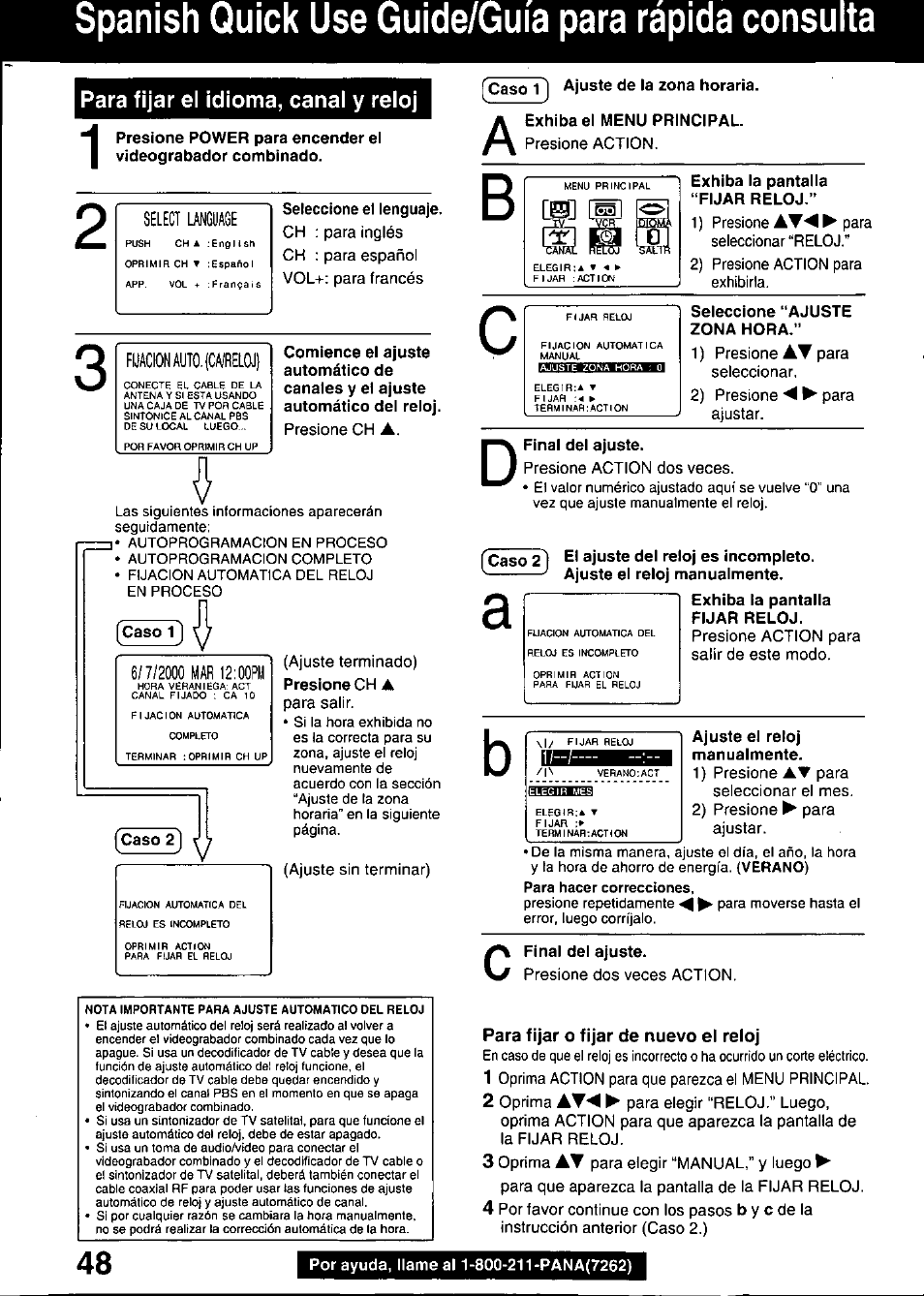 Para fijar el idioma, canal y reloj, Para fijar o fijar de nuevo el reloj, Spanish quick use guide/guia para rapida consulta | Panasonic PV C2020 User Manual | Page 48 / 52