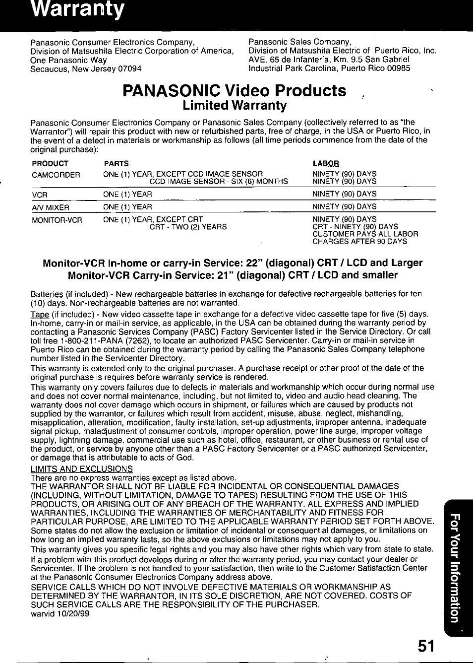 Panasonic video products, Limited warranty, Warranty | Panasonic PV C2020 User Manual | Page 51 / 52
