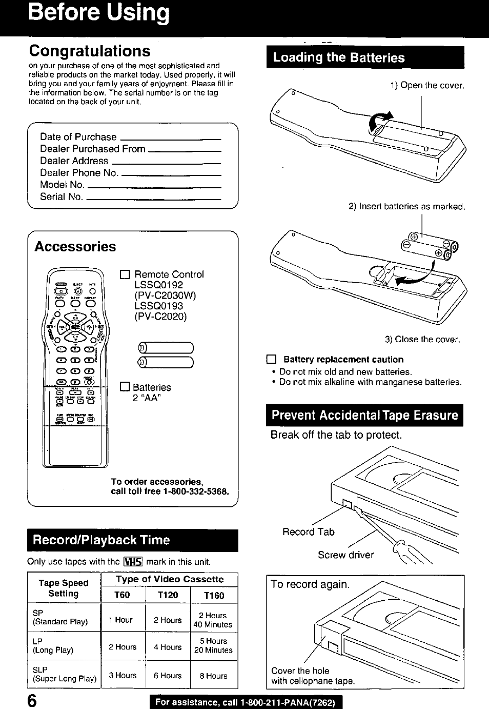 Accessories, Record/piayback time, Loading the batteries | Prevent accidentaitape erasure, Before using | Panasonic PV C2020 User Manual | Page 6 / 52