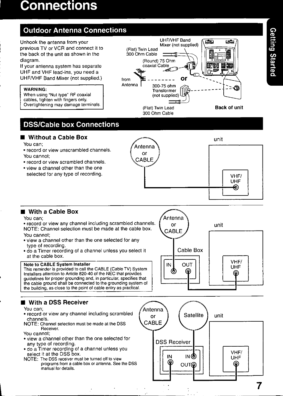 Dss/cable box connections, I without a cable box, With a cable box | With a dss receiver | Panasonic PV C2020 User Manual | Page 7 / 52