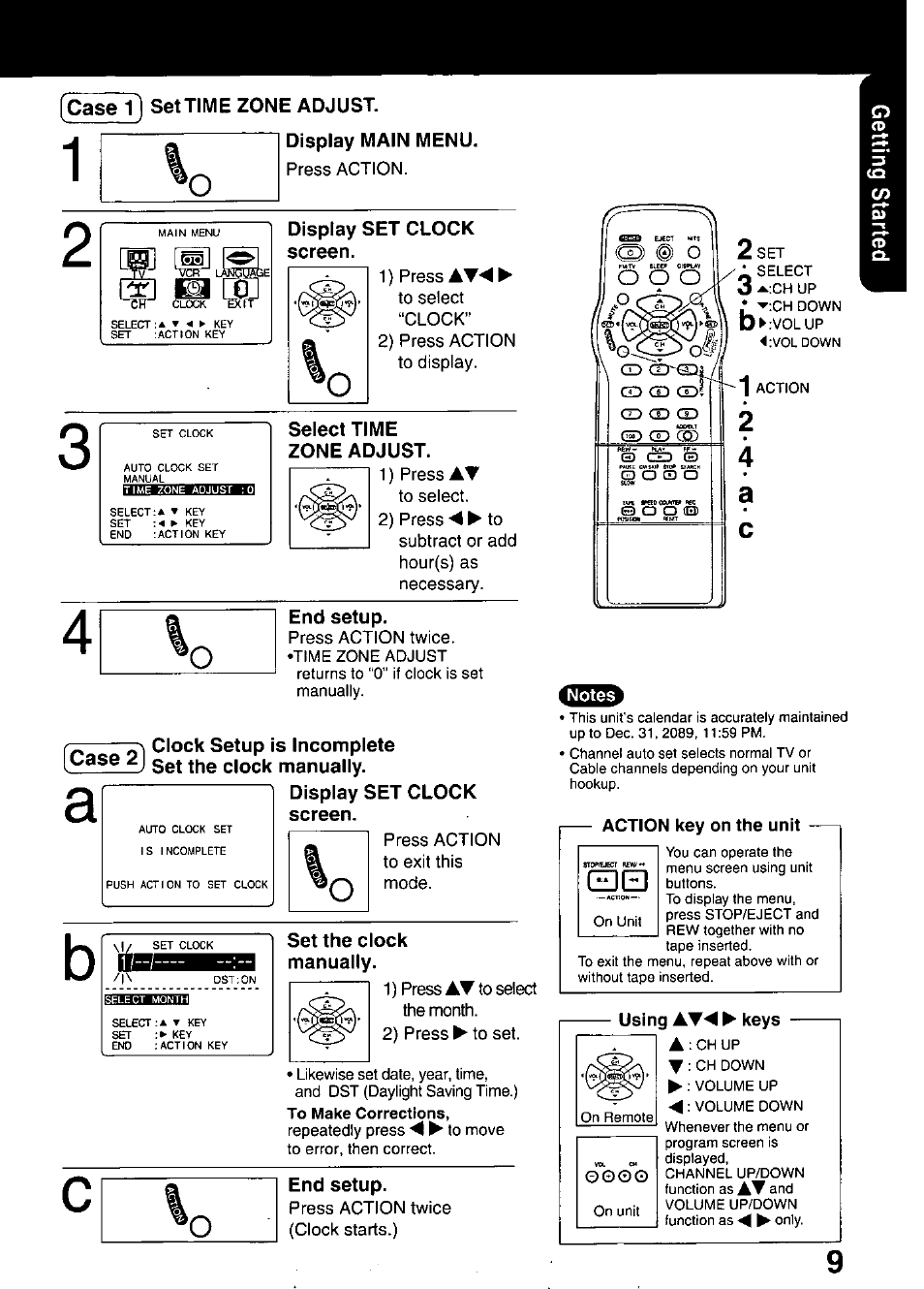 Action key on the unit, Using at'^ ^ keys | Panasonic PV C2020 User Manual | Page 9 / 52