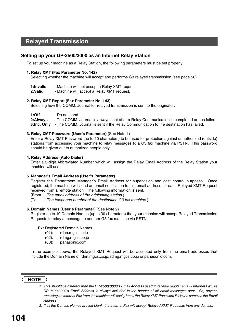 Network feature, Relayed transmission | Panasonic 3000 User Manual | Page 104 / 138