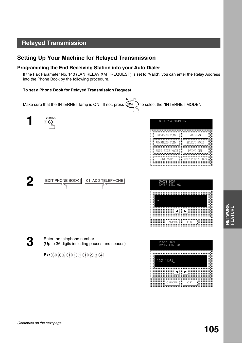 Setting up your machine for relayed transmission, Network feature, Relayed transmission | Panasonic 3000 User Manual | Page 105 / 138