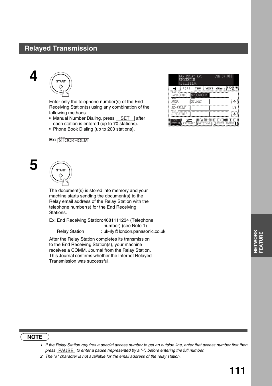 Network feature, Relayed transmission | Panasonic 3000 User Manual | Page 111 / 138