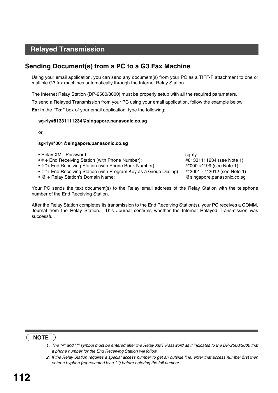 Sending document(s) from a pc to a g3 fax machine, Network feature, Relayed transmission | Panasonic 3000 User Manual | Page 112 / 138