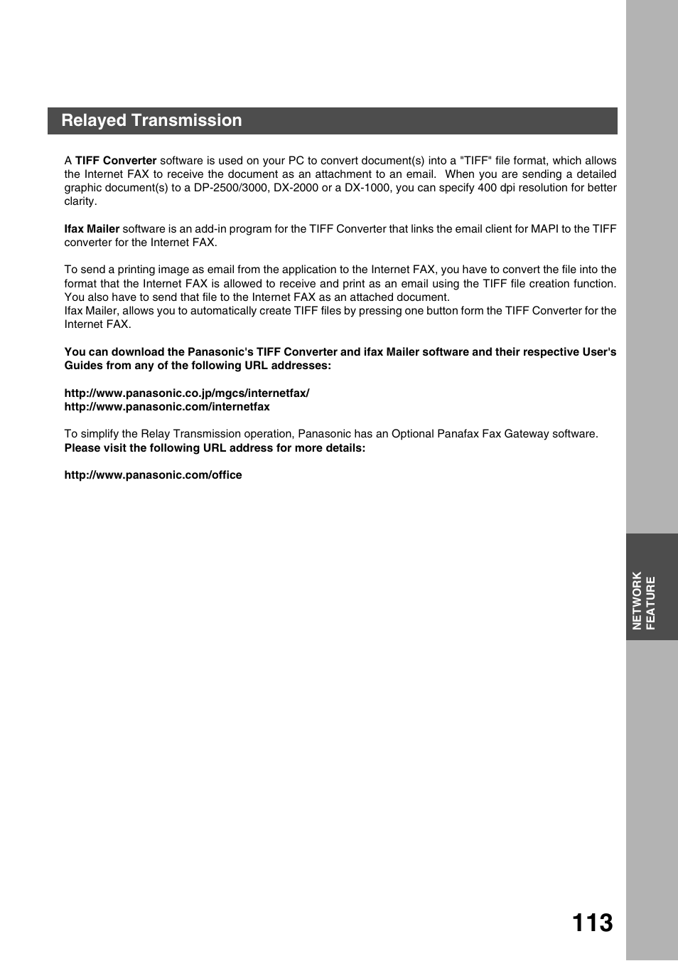 Network feature, Relayed transmission | Panasonic 3000 User Manual | Page 113 / 138