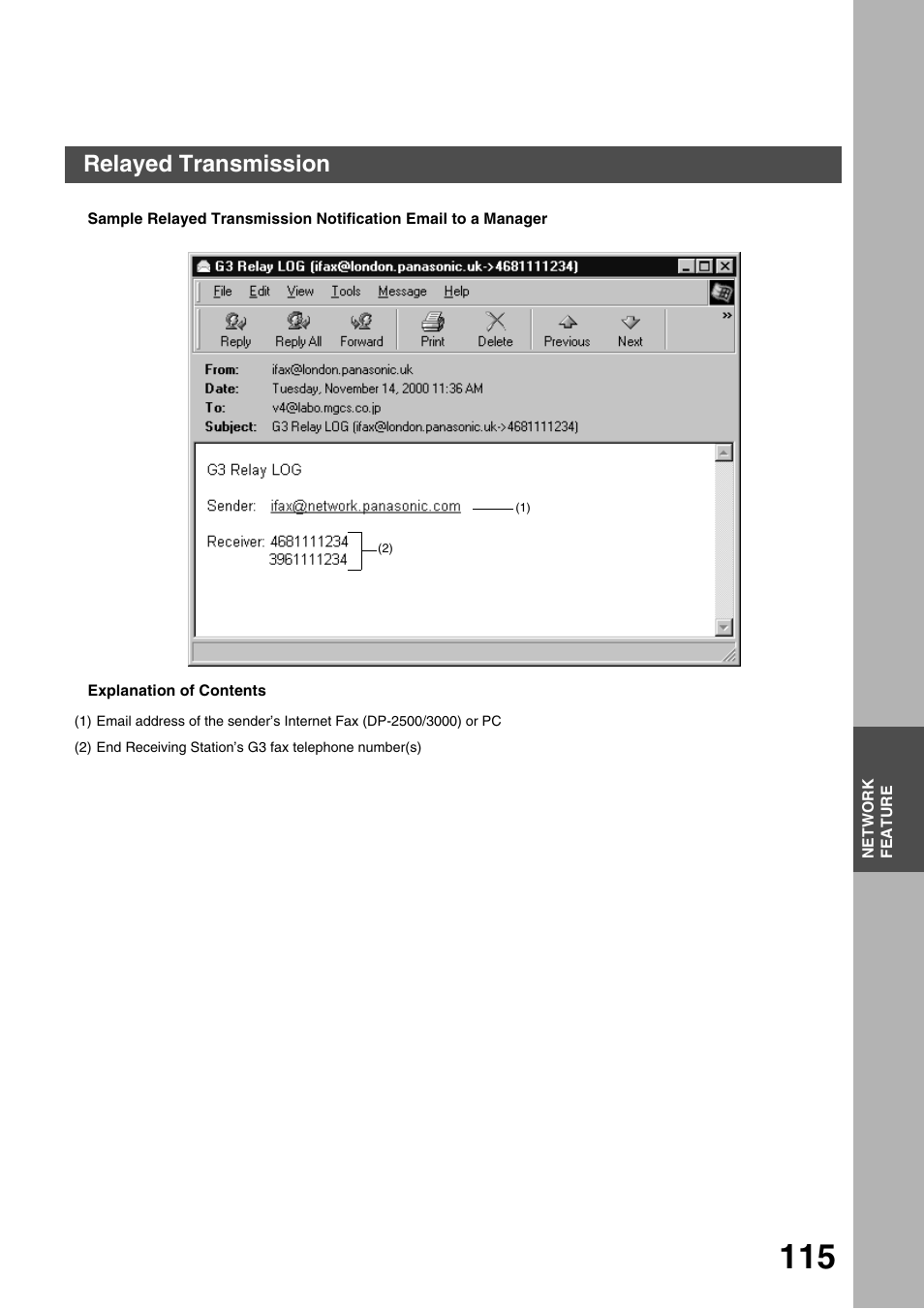 To 115), Network feature, Relayed transmission | Panasonic 3000 User Manual | Page 115 / 138