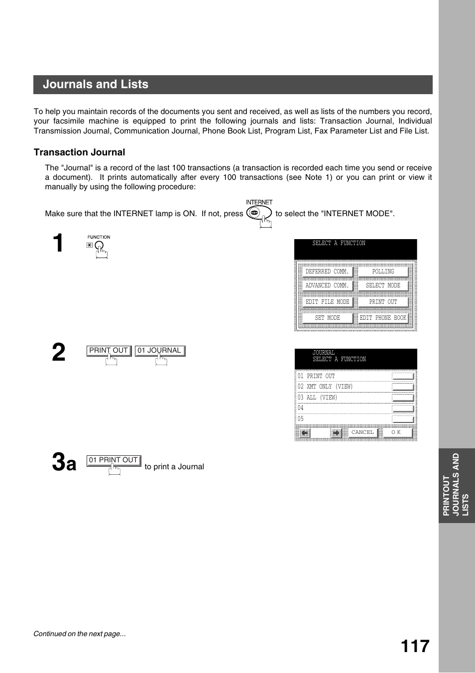 Printout journals and lists, Journals and lists, Transaction journal | Panasonic 3000 User Manual | Page 117 / 138
