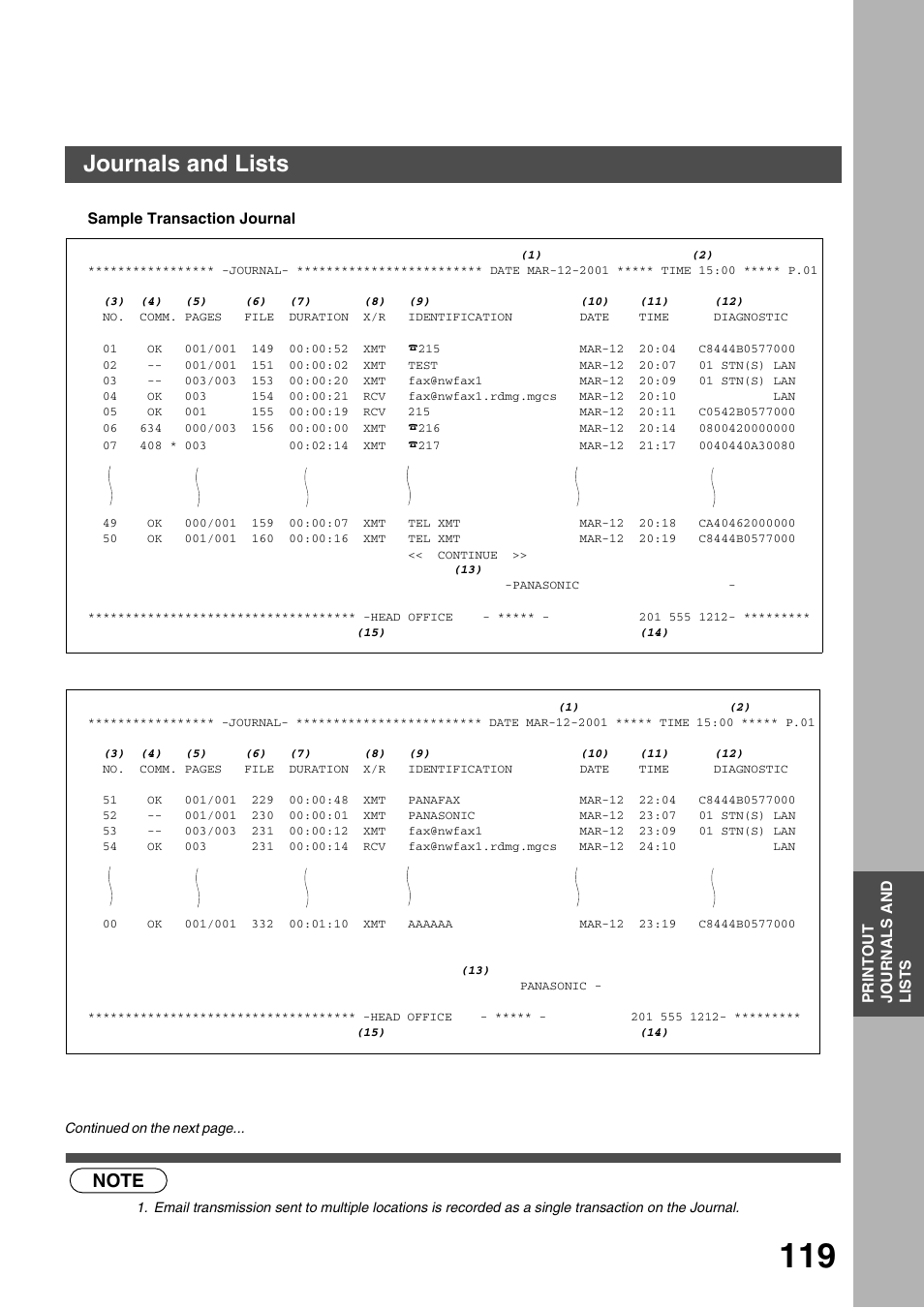 Printout journals and lists, Journals and lists | Panasonic 3000 User Manual | Page 119 / 138
