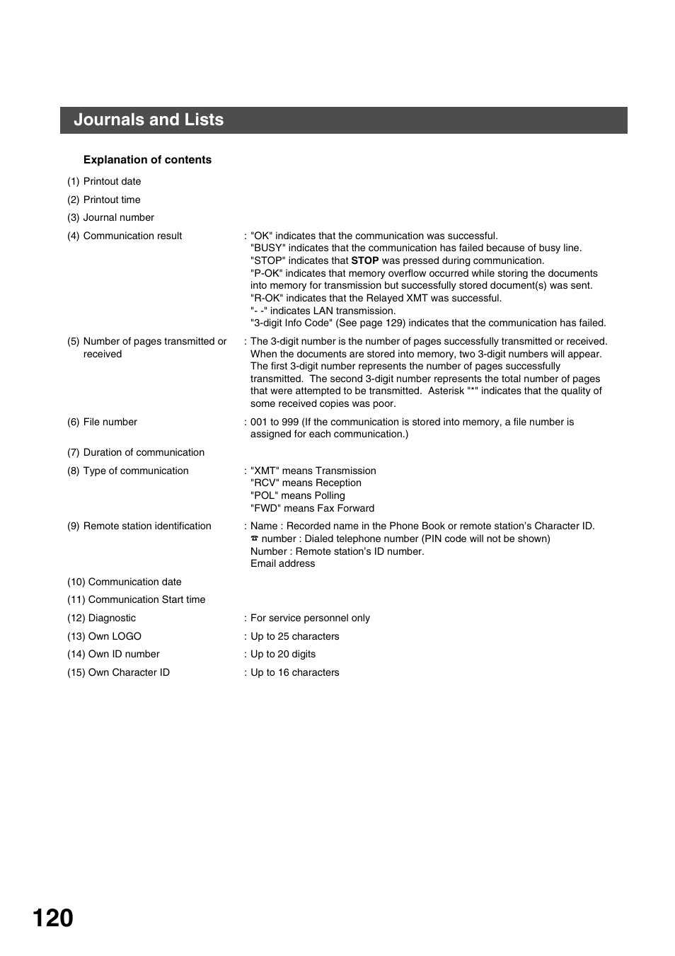 Printout journals and lists, Journals and lists | Panasonic 3000 User Manual | Page 120 / 138