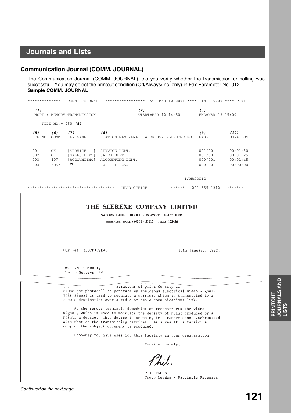 Communication journal (comm. journal), Printout journals and lists, Journals and lists | Panasonic 3000 User Manual | Page 121 / 138