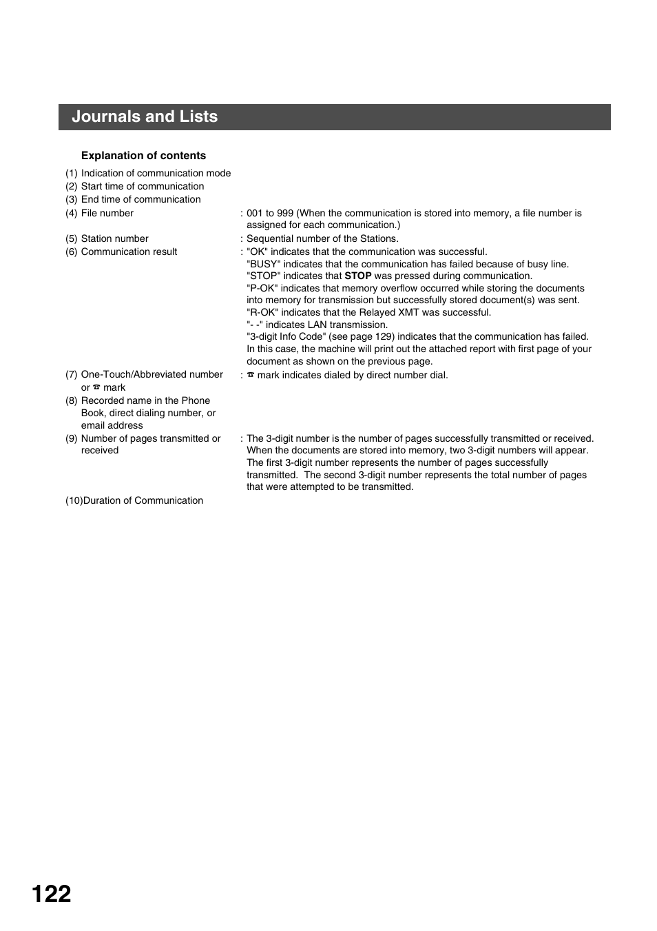 Printout journals and lists, Journals and lists | Panasonic 3000 User Manual | Page 122 / 138