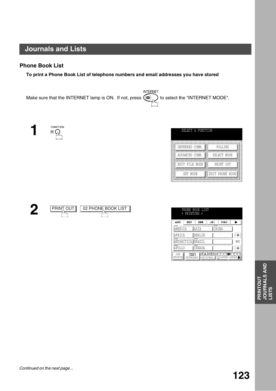 Phone book list, Printout journals and lists, Journals and lists | Panasonic 3000 User Manual | Page 123 / 138