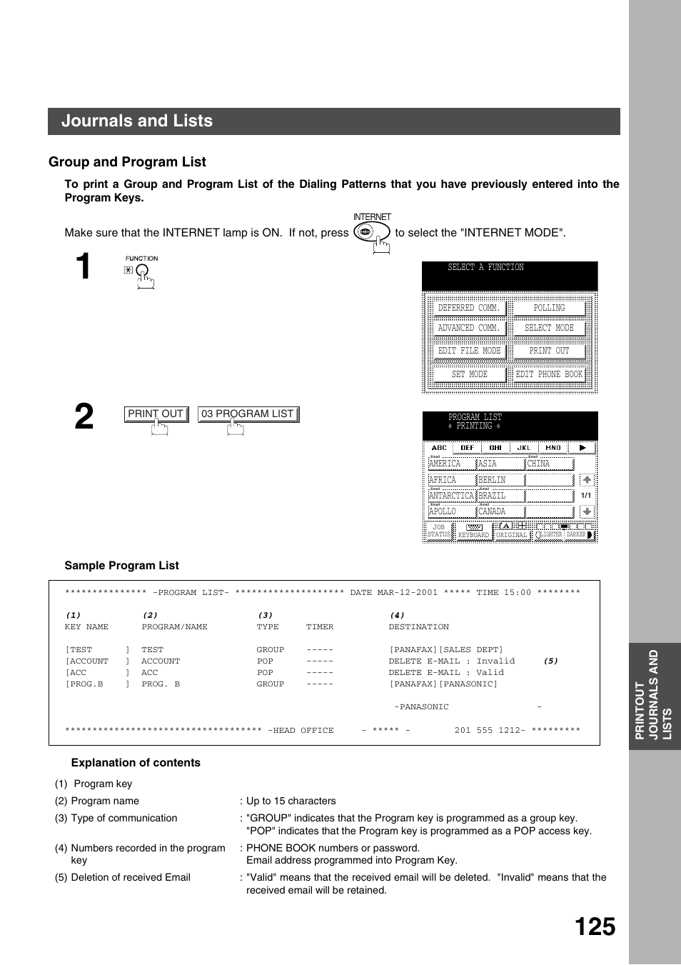 Group and program list, Printout journals and lists, Journals and lists | Panasonic 3000 User Manual | Page 125 / 138