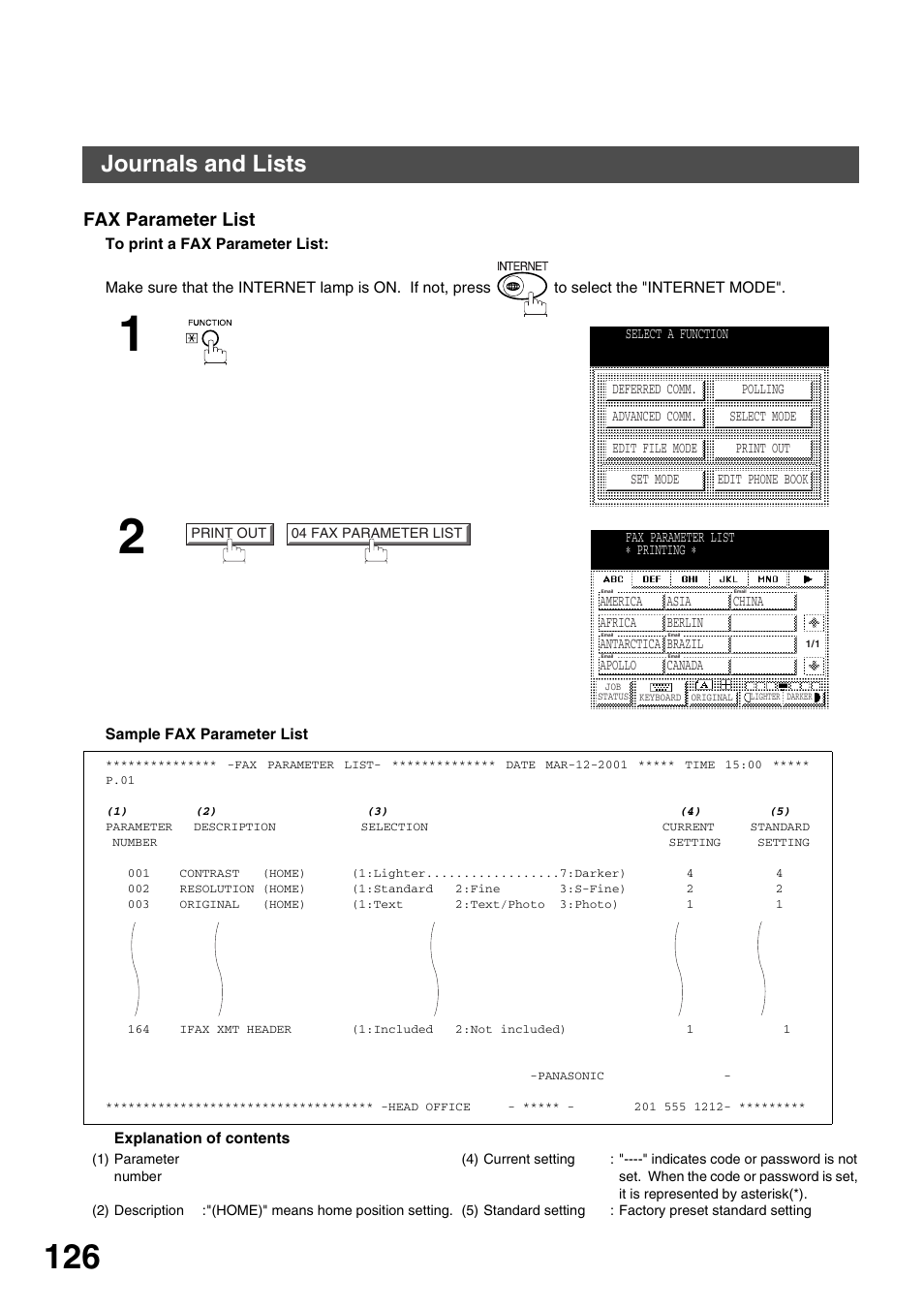 Fax parameter list, Printout journals and lists, Journals and lists | Panasonic 3000 User Manual | Page 126 / 138