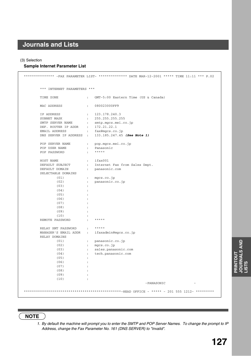 Printout journals and lists, Journals and lists | Panasonic 3000 User Manual | Page 127 / 138
