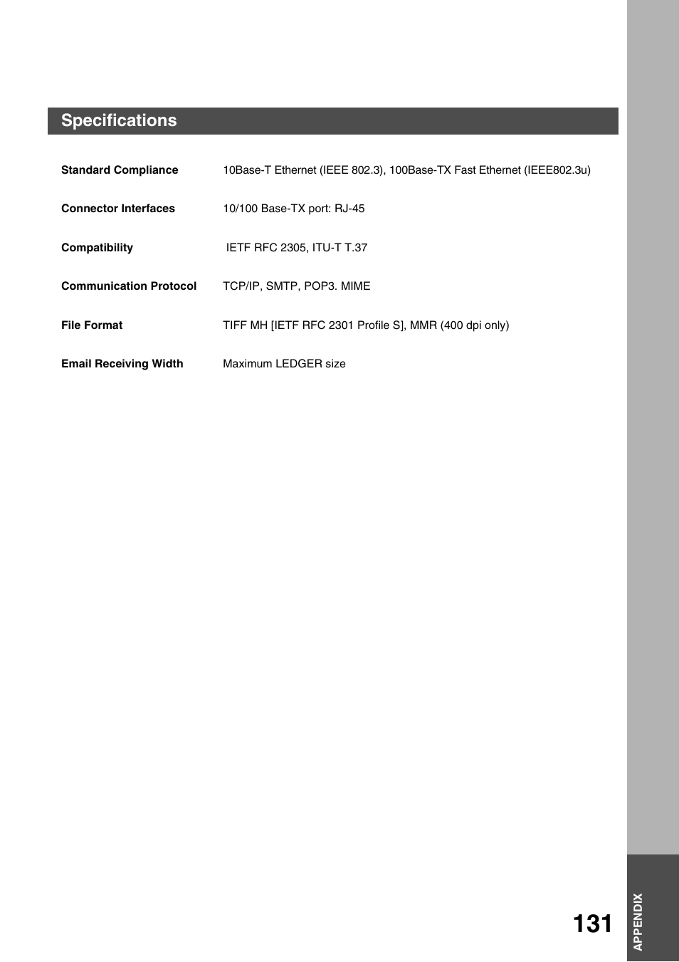 Appendix, Specifications | Panasonic 3000 User Manual | Page 131 / 138
