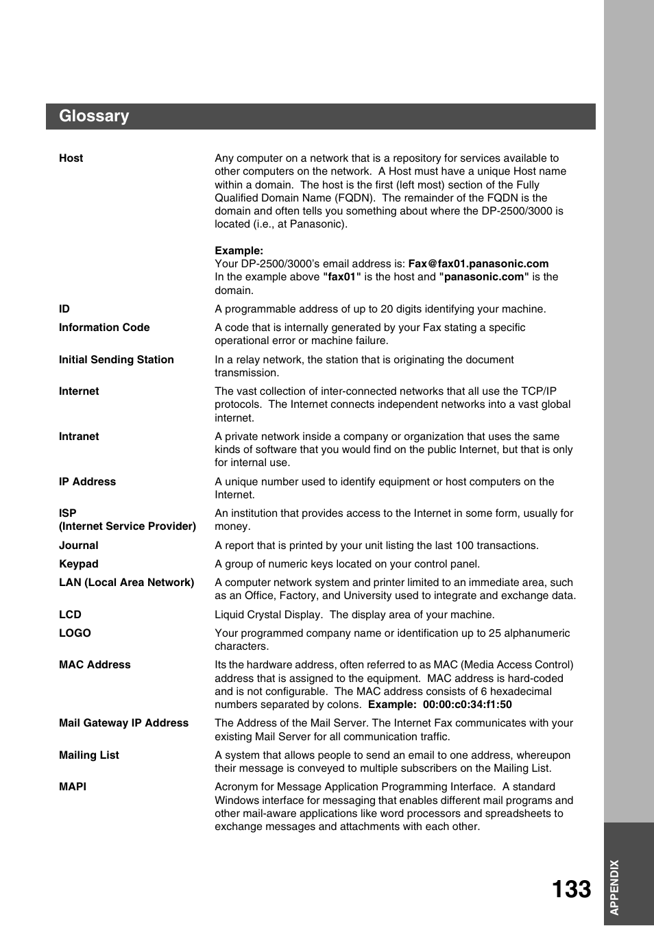 Appendix, Glossary | Panasonic 3000 User Manual | Page 133 / 138