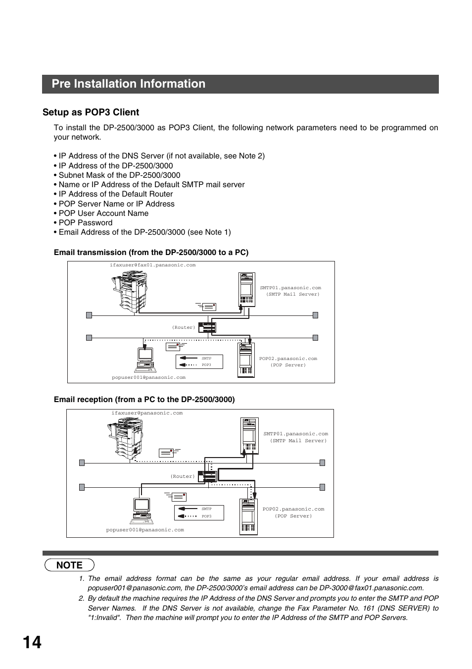 Setup as pop3 client, Getting to know your machine, Pre installation information | Panasonic 3000 User Manual | Page 14 / 138