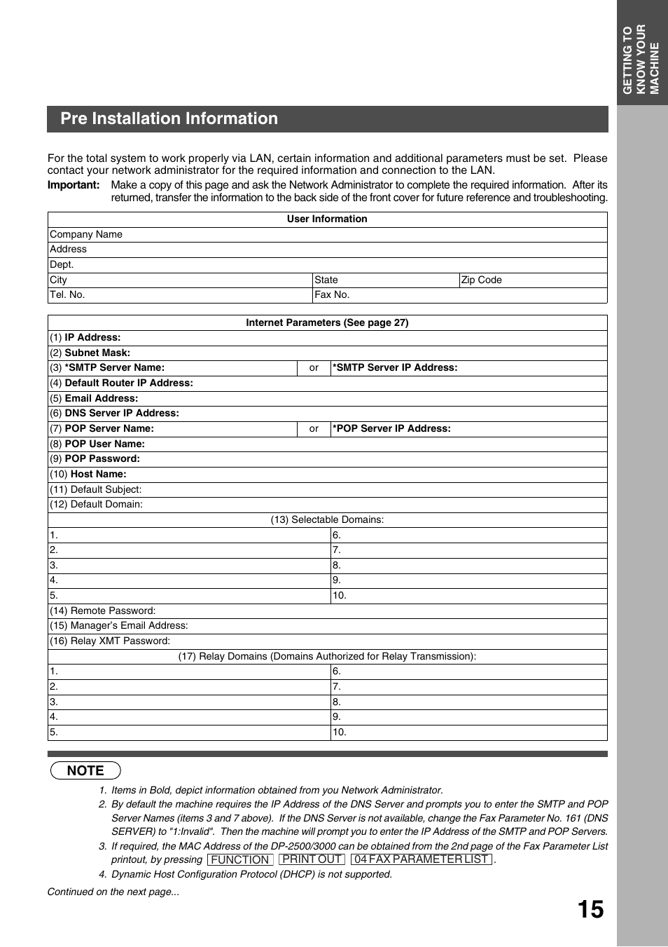 Getting to know your machine, Pre installation information | Panasonic 3000 User Manual | Page 15 / 138