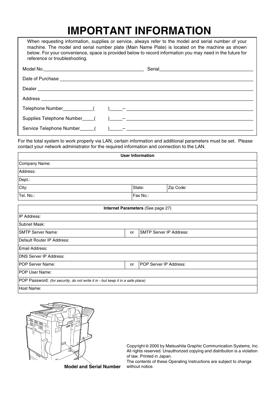 Important information | Panasonic 3000 User Manual | Page 2 / 138