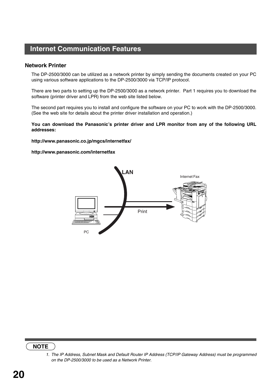 Network printer, Getting to know your machine, Internet communication features | Panasonic 3000 User Manual | Page 20 / 138