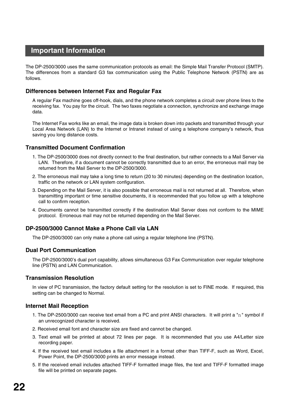 Important information, Differences between internet fax and regular fax, Transmitted document confirmation | Dp-2500/3000 cannot make a phone call via lan, Dual port communication, Transmission resolution, Internet mail reception, Getting to know your machine | Panasonic 3000 User Manual | Page 22 / 138