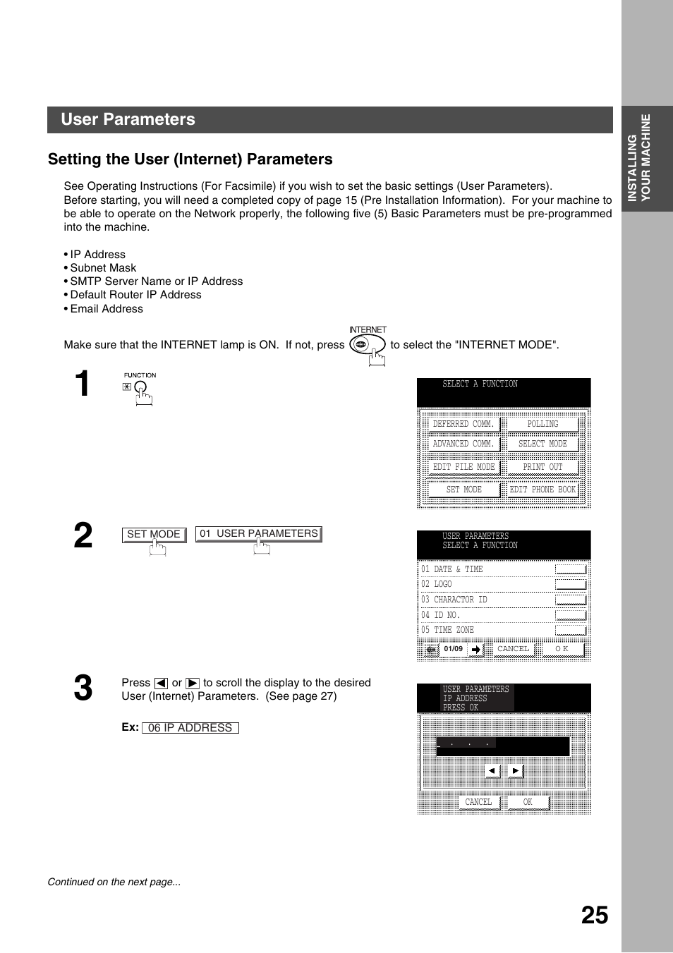 Installing your machine, User parameters, Setting the user (internet) parameters | Panasonic 3000 User Manual | Page 25 / 138