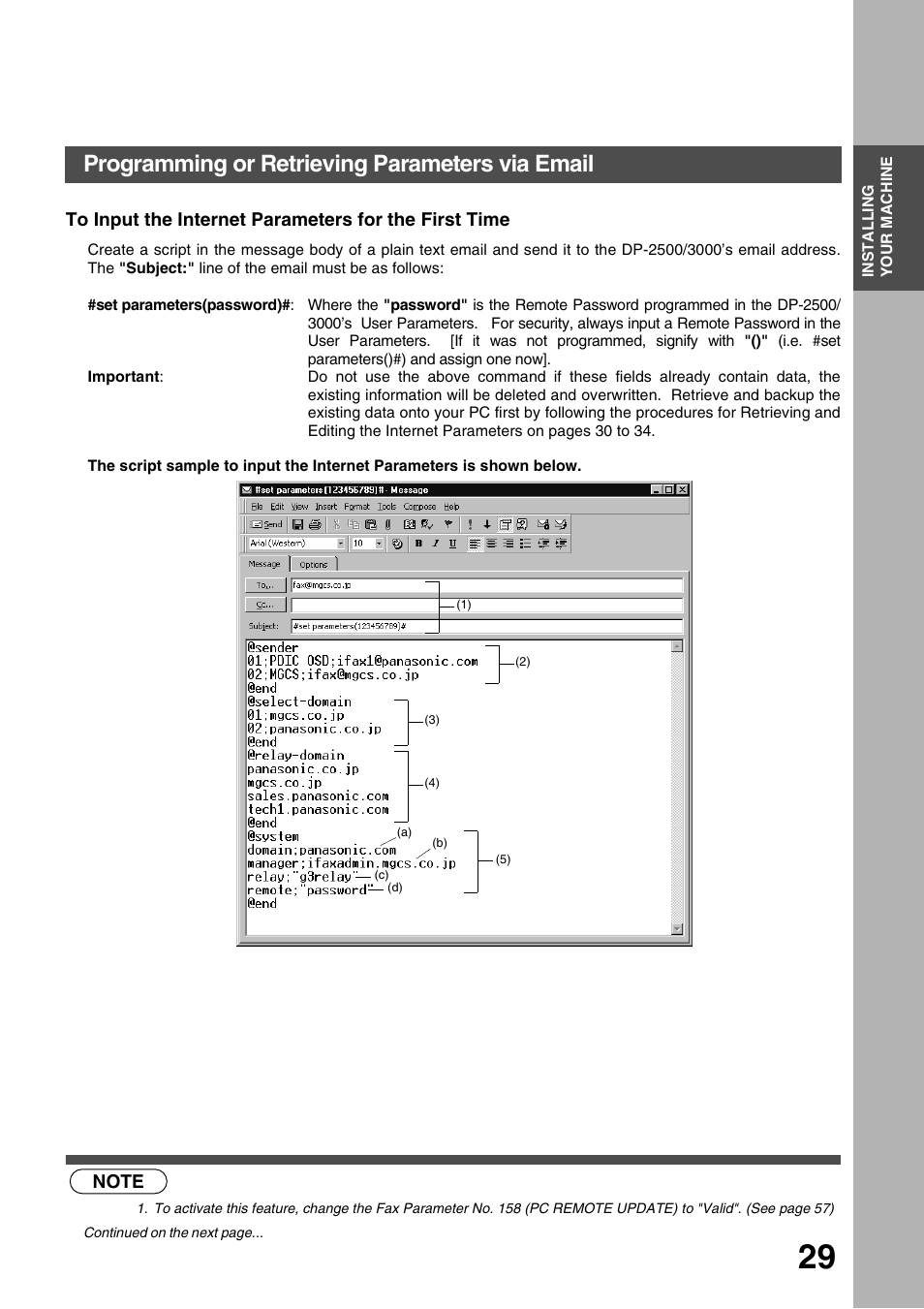 Installing your machine, Programming or retrieving parameters via email | Panasonic 3000 User Manual | Page 29 / 138