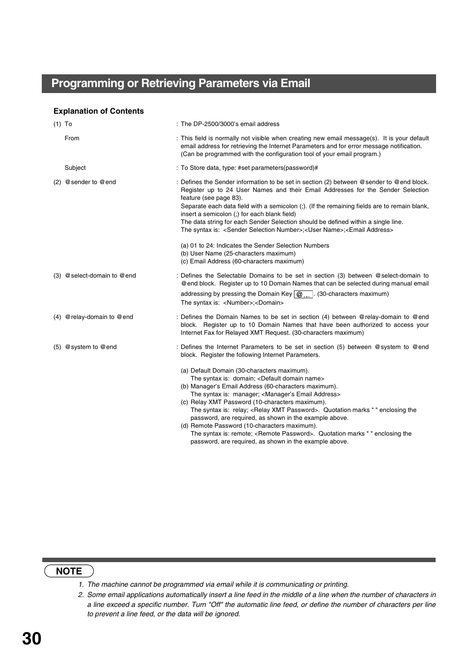 Installing your machine, Programming or retrieving parameters via email | Panasonic 3000 User Manual | Page 30 / 138