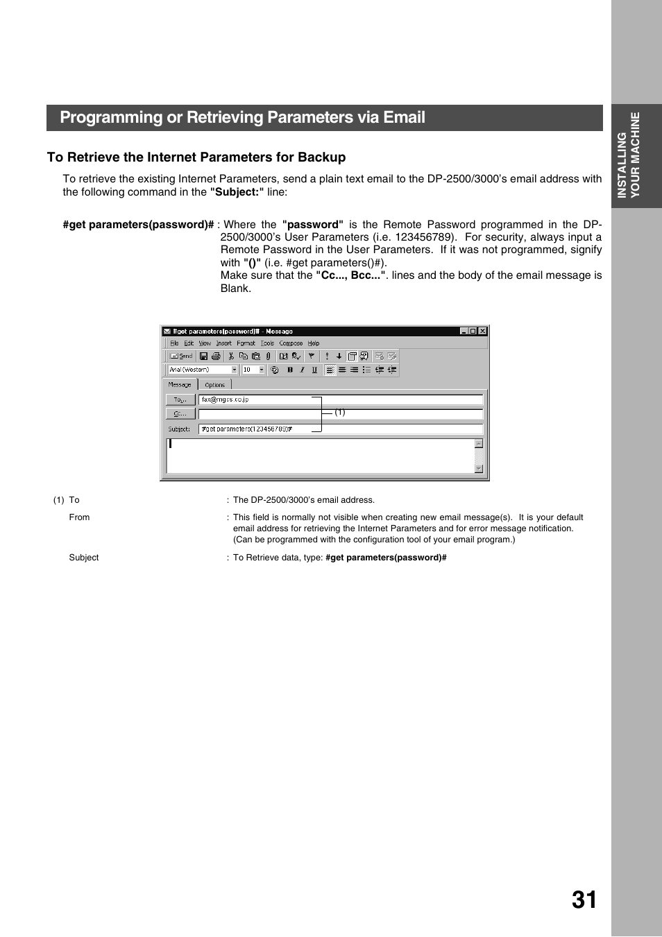 To retrieve the internet parameters for backup, Installing your machine, Programming or retrieving parameters via email | Panasonic 3000 User Manual | Page 31 / 138