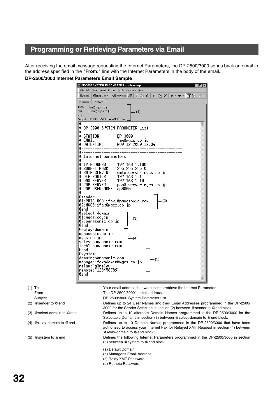 Installing your machine, Programming or retrieving parameters via email | Panasonic 3000 User Manual | Page 32 / 138