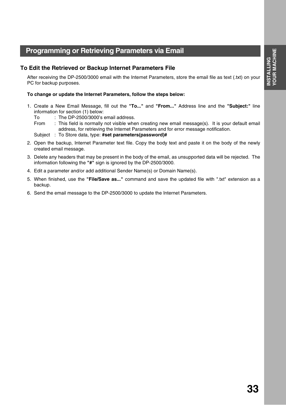 Installing your machine, Programming or retrieving parameters via email | Panasonic 3000 User Manual | Page 33 / 138