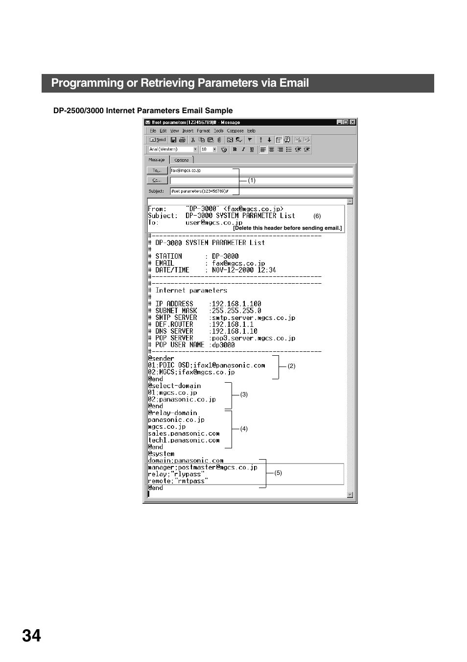 To 34, Installing your machine, Programming or retrieving parameters via email | Panasonic 3000 User Manual | Page 34 / 138
