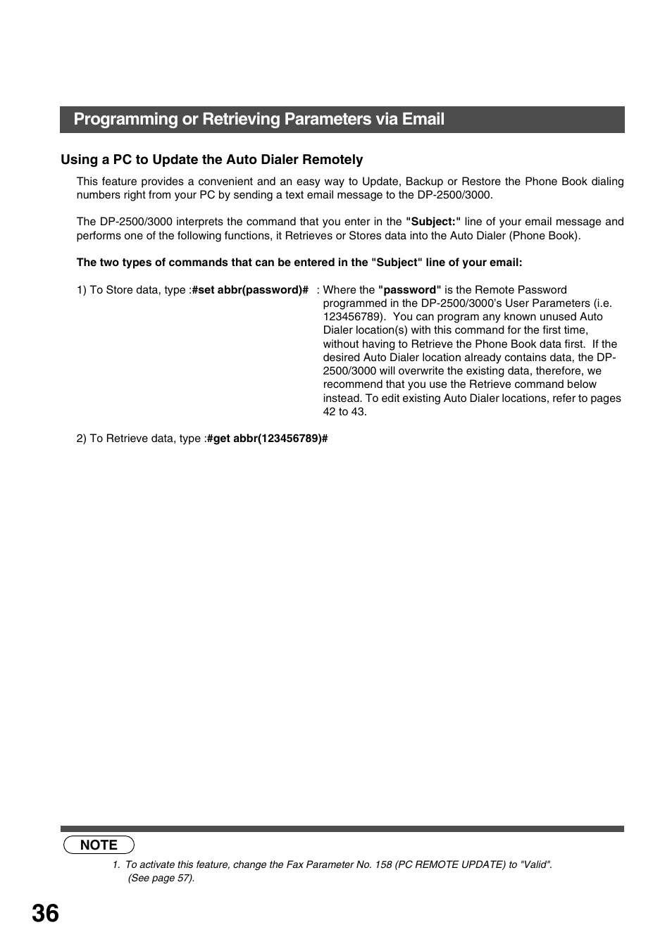 Using a pc to update the auto dialer remotely, Installing your machine, Programming or retrieving parameters via email | Panasonic 3000 User Manual | Page 36 / 138