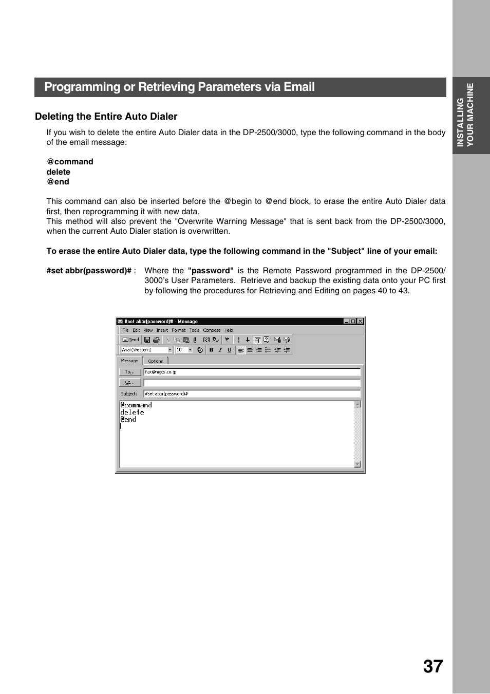 Deleting the entire auto dialer, Installing your machine, Programming or retrieving parameters via email | Panasonic 3000 User Manual | Page 37 / 138