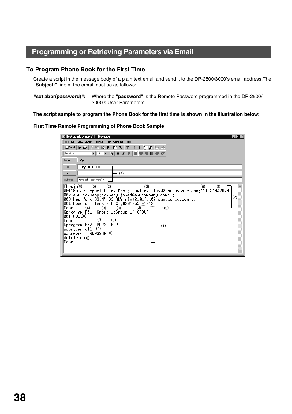 To program phone book for the first time, Installing your machine, Programming or retrieving parameters via email | Panasonic 3000 User Manual | Page 38 / 138