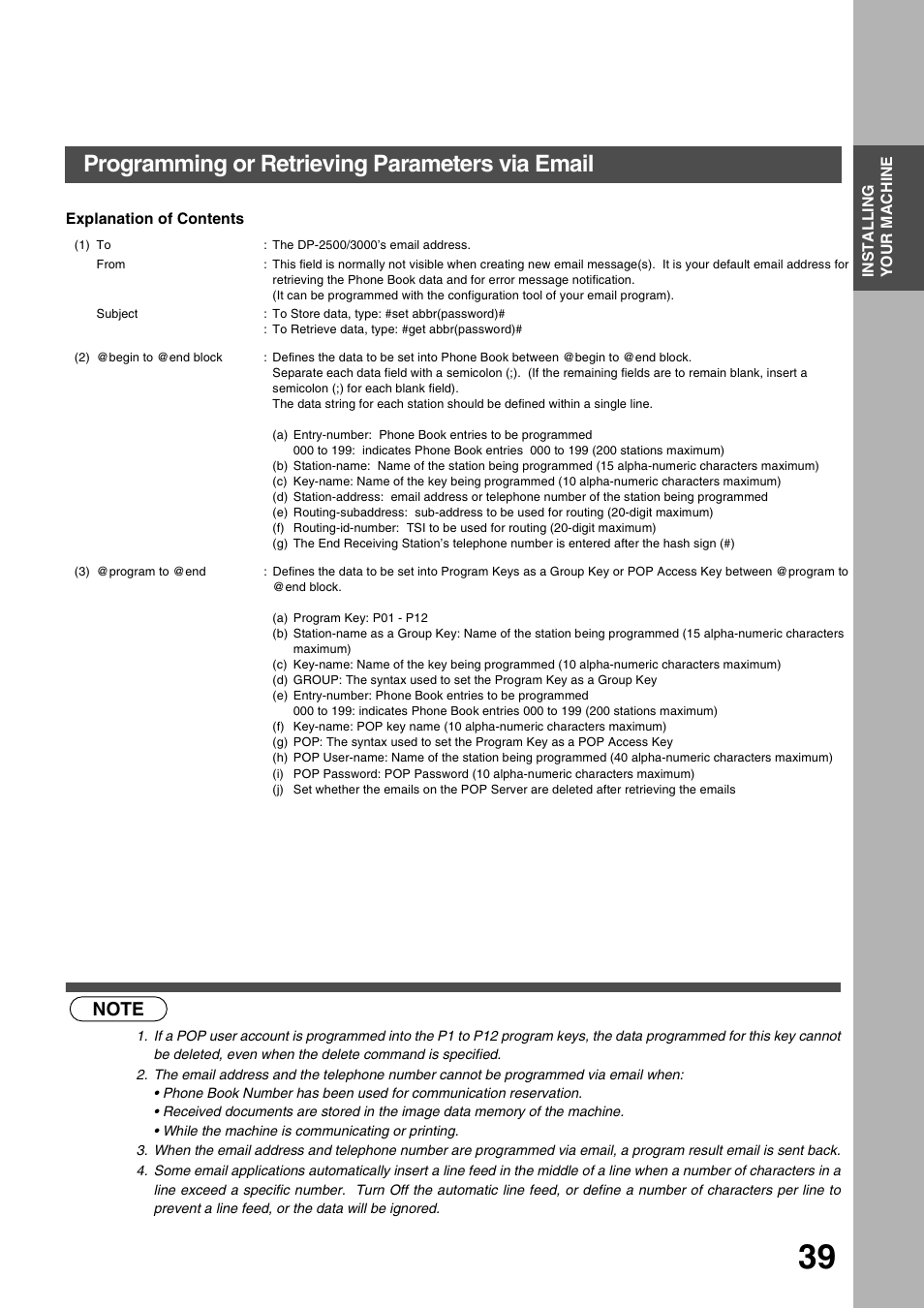 Installing your machine, Programming or retrieving parameters via email | Panasonic 3000 User Manual | Page 39 / 138