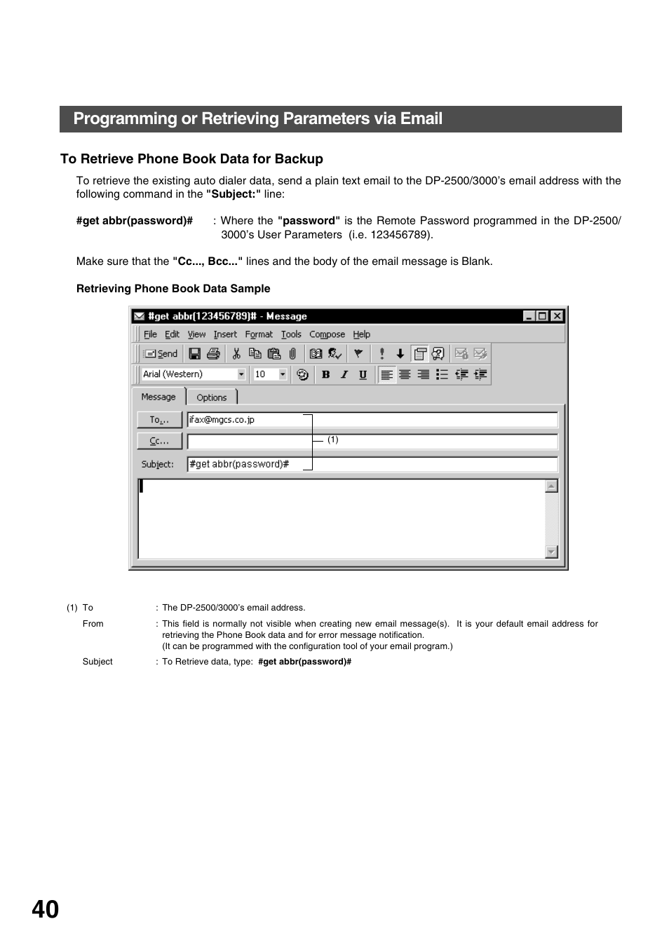 To retrieve phone book data for backup, Installing your machine, Programming or retrieving parameters via email | Panasonic 3000 User Manual | Page 40 / 138