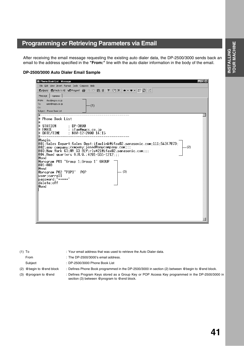 Installing your machine, Programming or retrieving parameters via email | Panasonic 3000 User Manual | Page 41 / 138