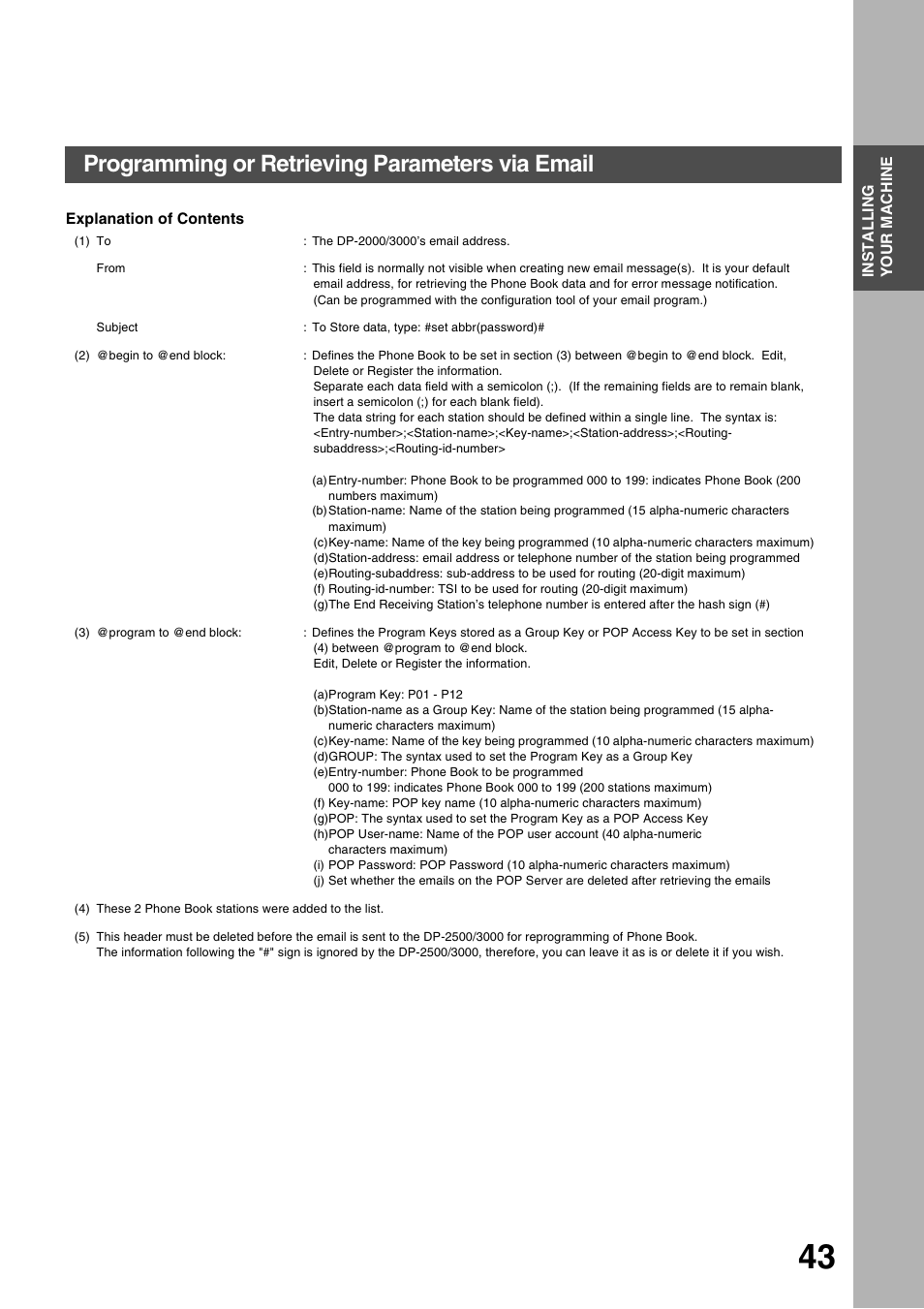 Installing your machine, Programming or retrieving parameters via email | Panasonic 3000 User Manual | Page 43 / 138