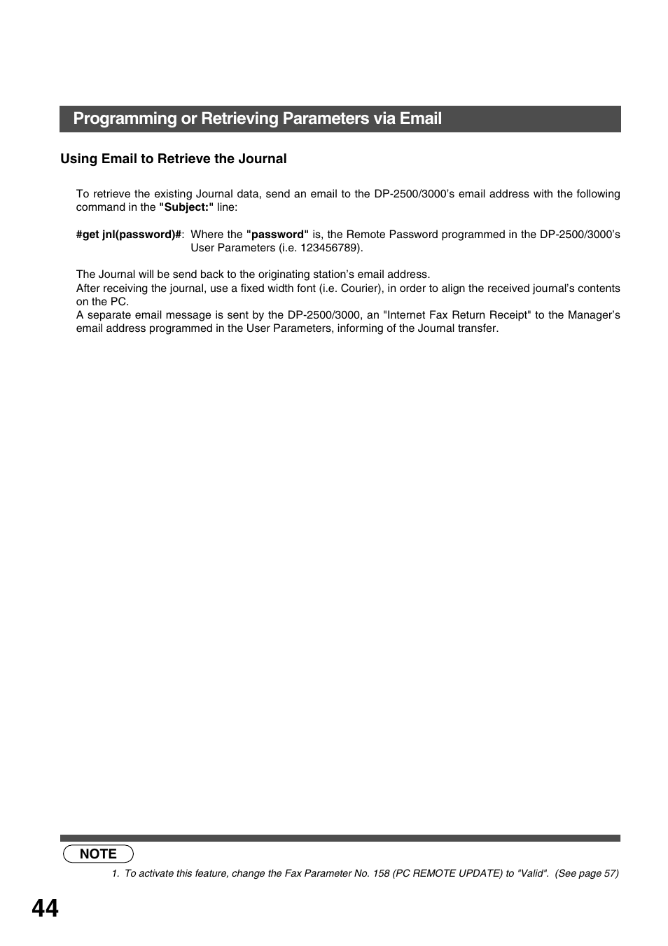 Using email to retrieve the journal, Installing your machine, Programming or retrieving parameters via email | Panasonic 3000 User Manual | Page 44 / 138