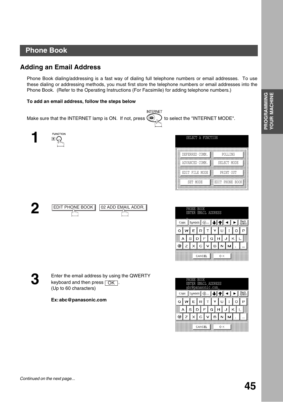 Programming your machine, Phone book, Adding an email address | Panasonic 3000 User Manual | Page 45 / 138
