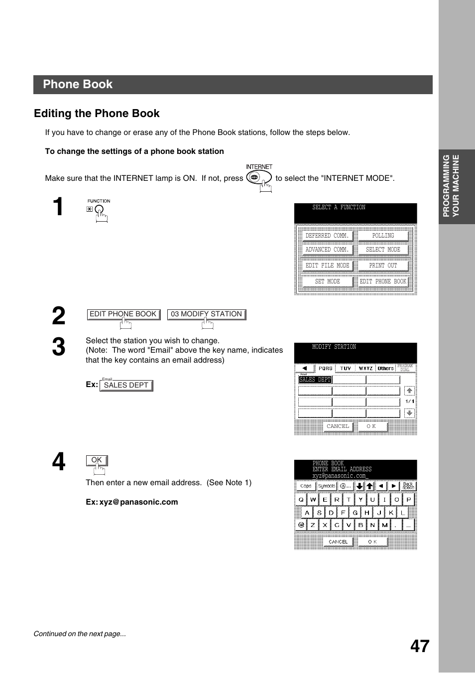 Editing the phone book, Programming your machine, Phone book | Panasonic 3000 User Manual | Page 47 / 138