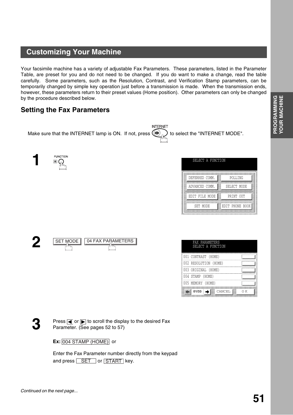 Customizing your machine, Setting the fax parameters, Programming your machine | Panasonic 3000 User Manual | Page 51 / 138